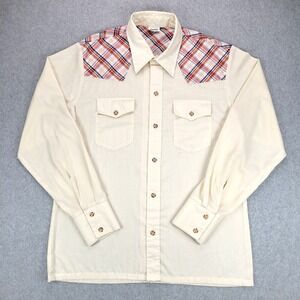 Montgomery Ward Western Shirt Mens L Cream Plaid Yoke Button Down 70s Vintage